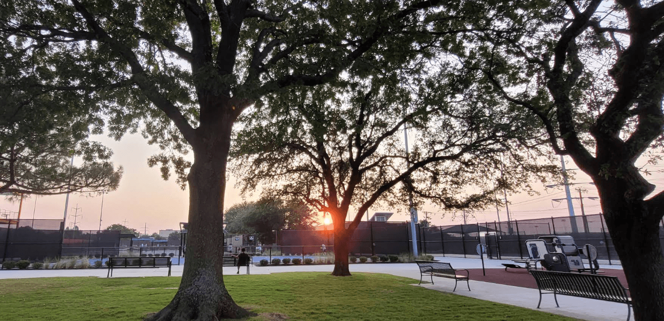 Tree-lined courts at High Point Tennis Center in Plano, Texas.